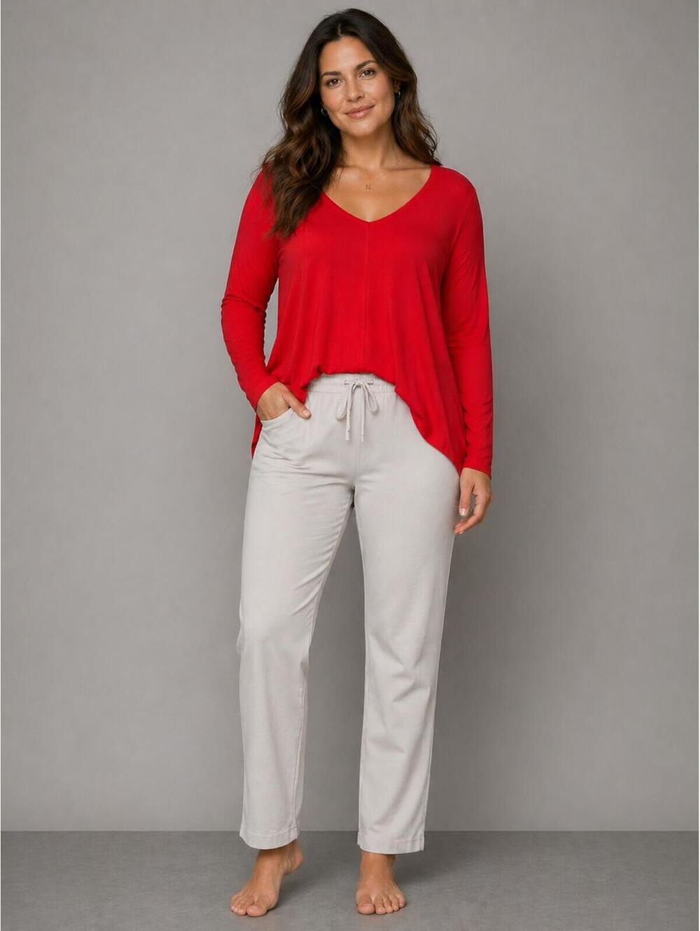 Free People Red Long Sleeve V-Neck Casual Top(382)